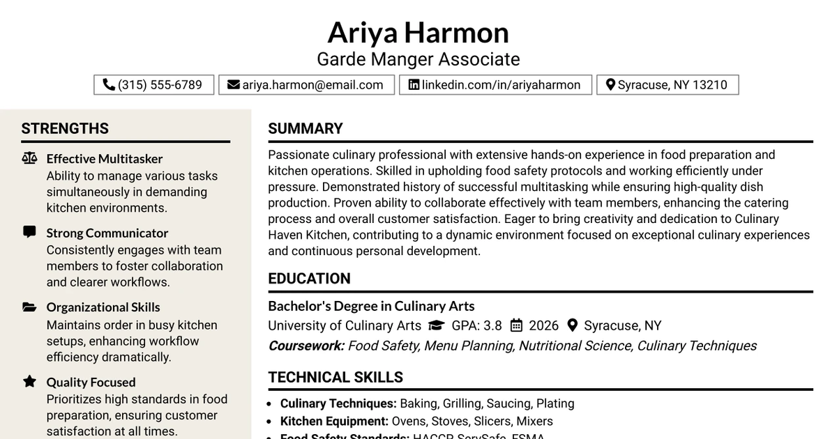 33 Garde Manger Associate Resume Templates with Example 2026 (ATS-Optimized)