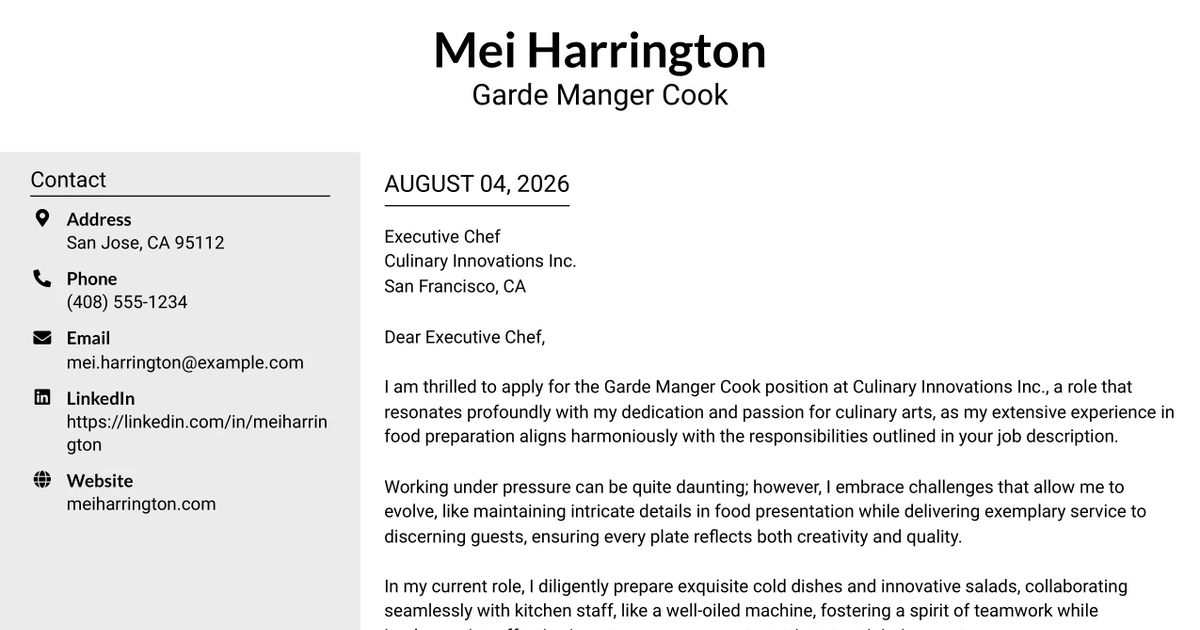 30+ Garde Manger Cook Cover Letter Templates with Example 2026