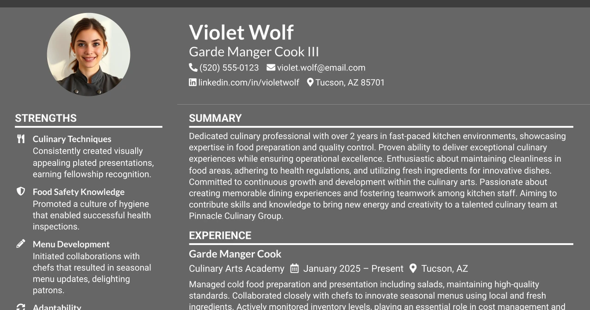 33 Garde Manger Cook III Resume Templates with Example 2026 (ATS-Optimized)