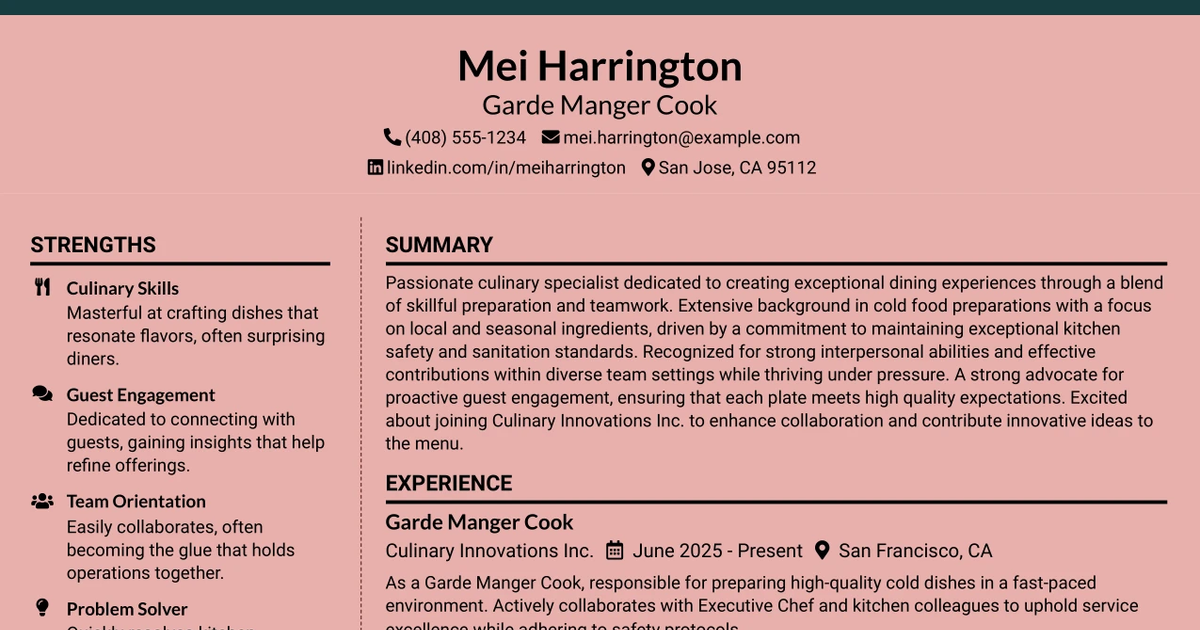 33 Garde Manger Cook Resume Templates with Example 2026 (ATS-Optimized)