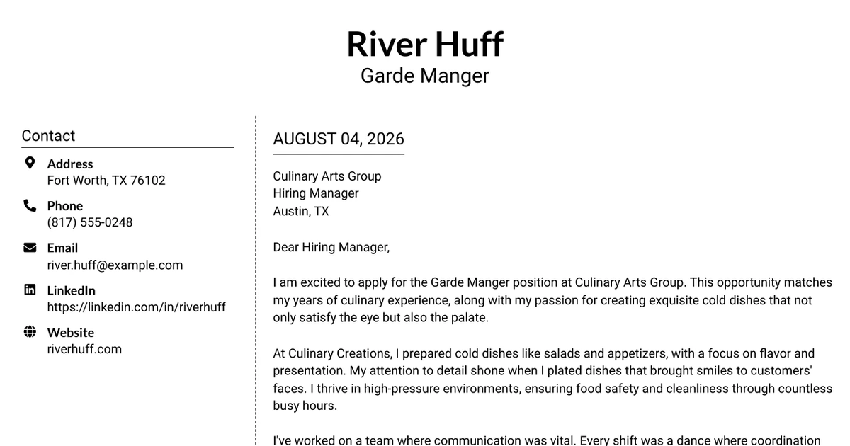 30+ Garde Manger Cover Letter Templates with Example 2026