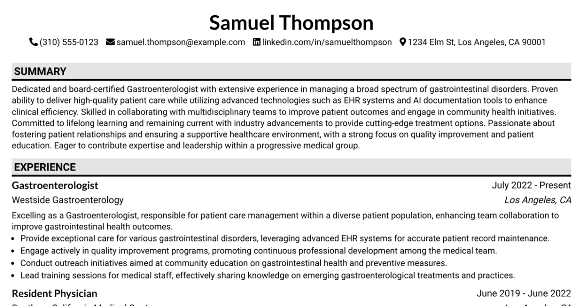 33 Gastroenterologist Resume Templates with Example 2026 (ATS-Optimized)