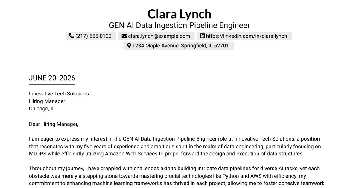 30+ GEN AI Data Ingestion Pipeline Engineer Cover Letter Templates with Example 2026