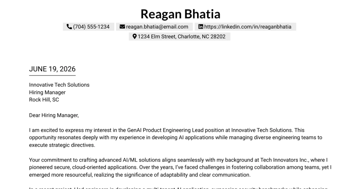 30+ GenAI Product Engineering Lead Cover Letter Templates with Example 2026