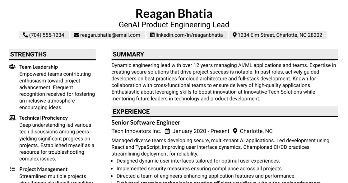 33 GenAI Product Engineering Lead Resume Templates with Example 2026 (ATS-Optimized)