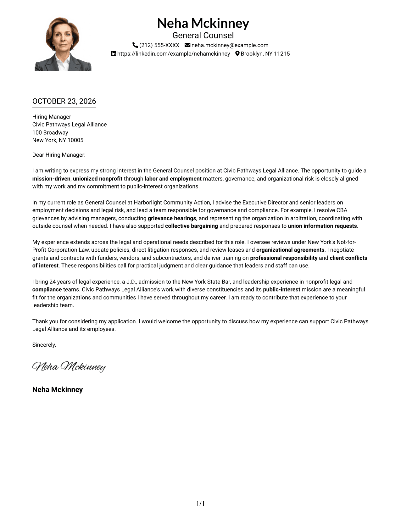 Cover letter example — page 1