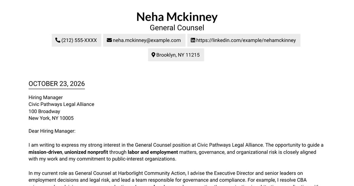 General Counsel - Labor and Employment Cover Letter