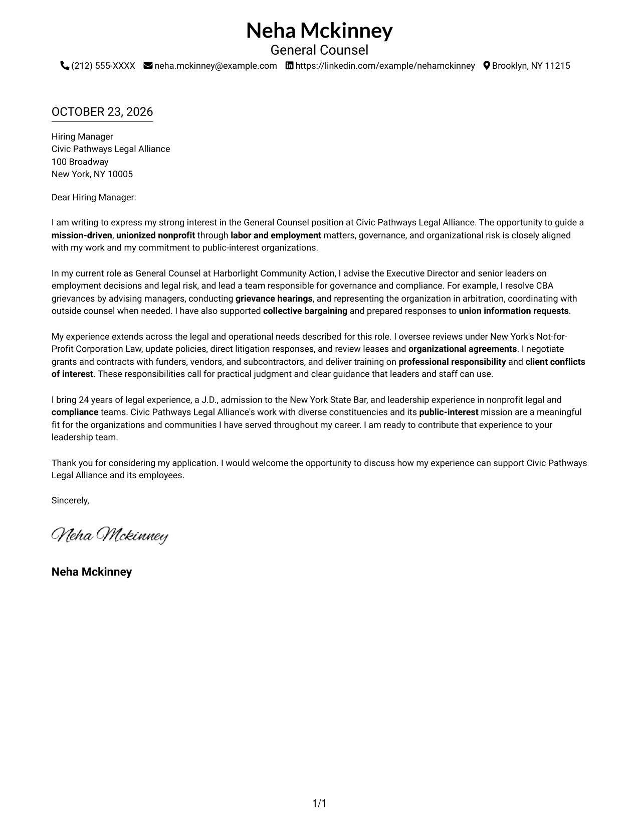 Cover letter example — page 1