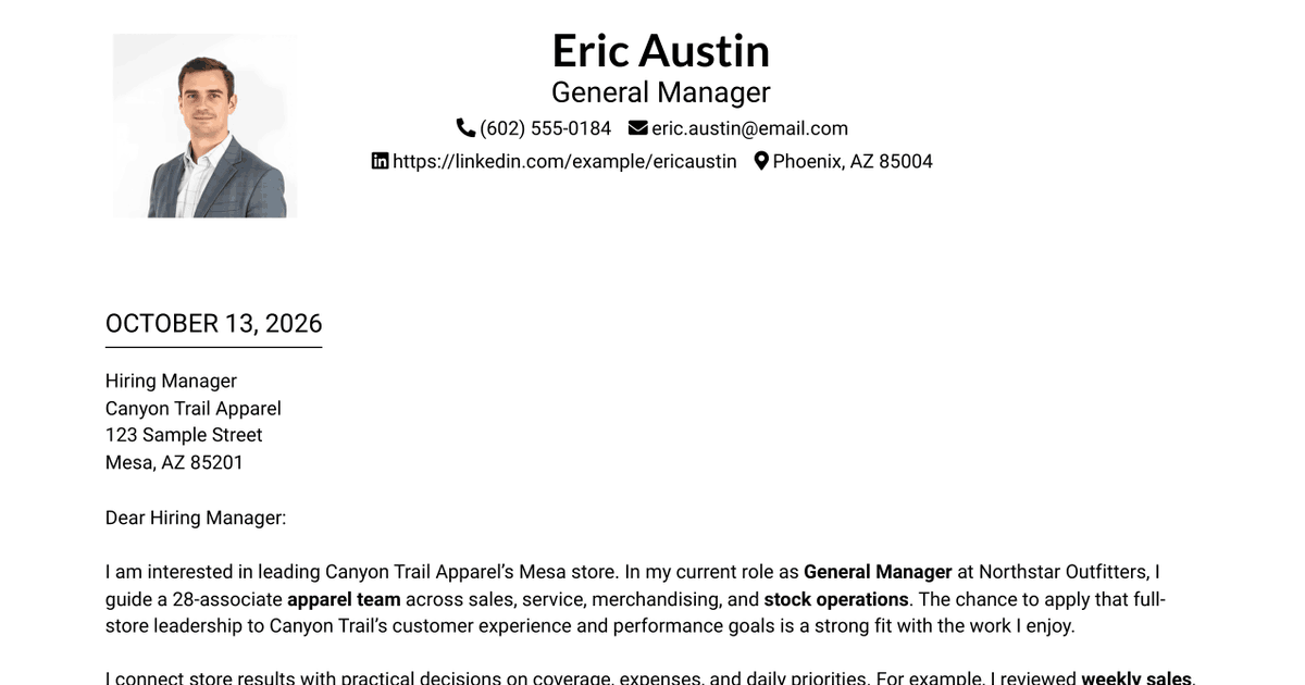 7 General Manager - Retail Store Operations Cover Letter Templates with Example