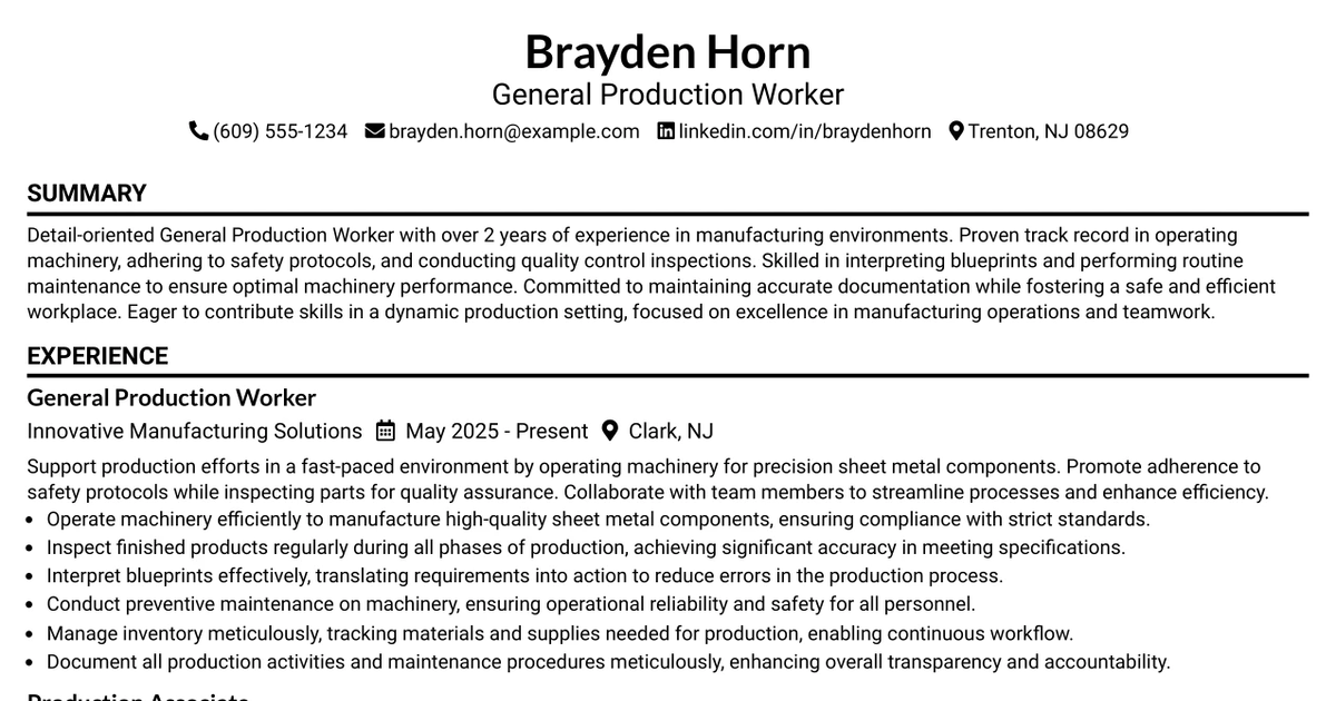 33 General Production Worker Resume Templates with Example 2026 (ATS-Optimized)