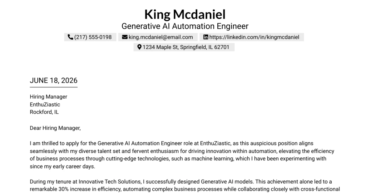 30+ Generative AI Automation Engineer Cover Letter Templates with Example 2026