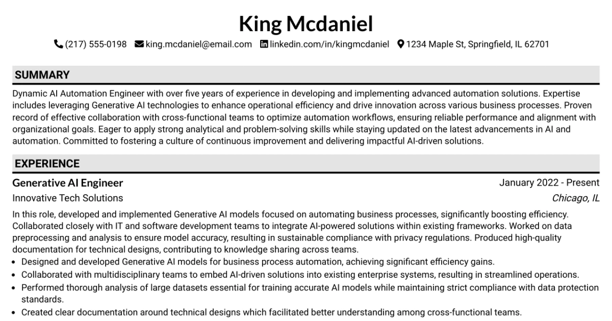 33 Generative AI Automation Engineer Resume Templates with Example 2026 (ATS-Optimized)