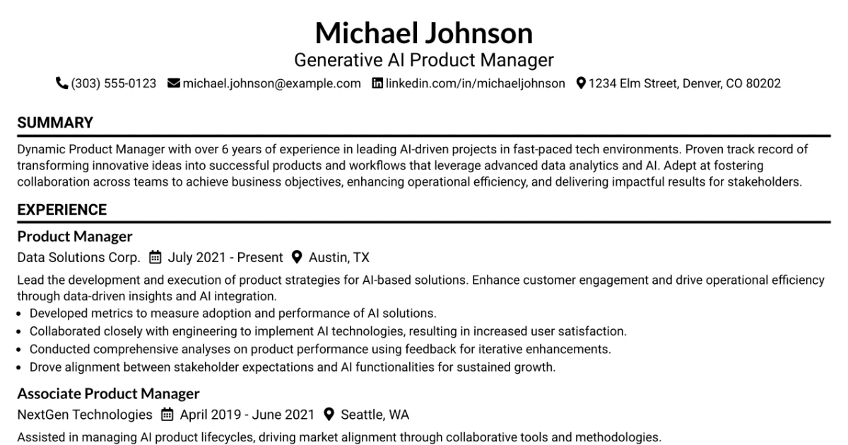 33 Generative AI Product Manager Resume Templates with Example 2026 (ATS-Optimized)