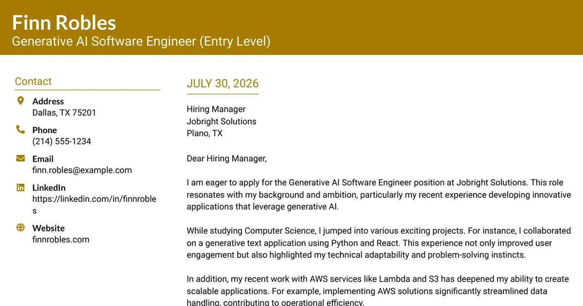 30+ Generative AI Software Engineer (Entry Level) Cover Letter Templates with Example 2026