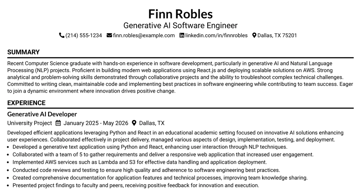 33 Generative AI Software Engineer (Entry Level) Resume Templates with Example 2026 (ATS-Optimized)
