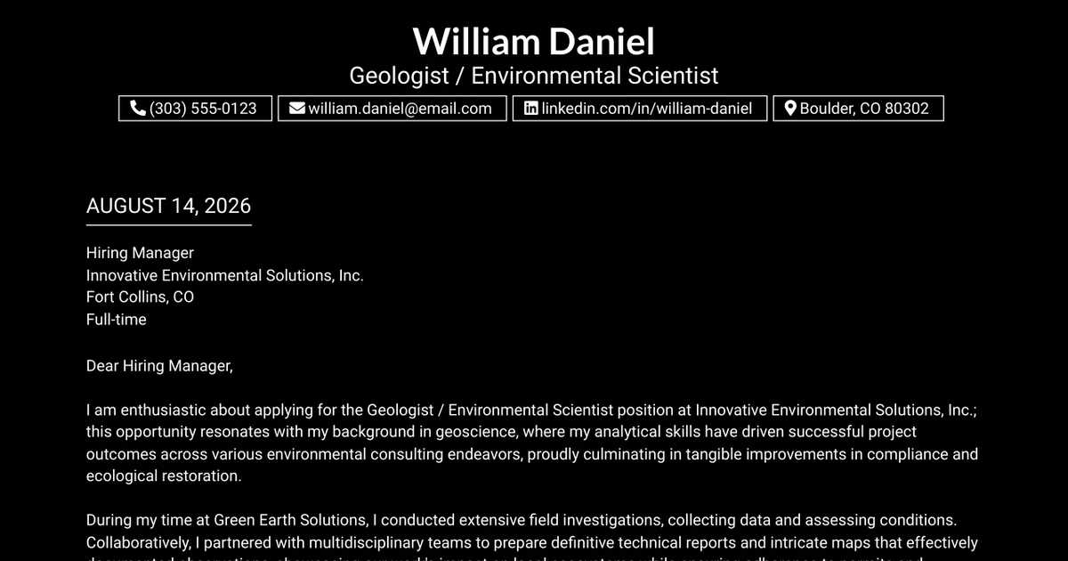 30+ Geologist / Environmental Scientist Cover Letter Templates with Example 2026