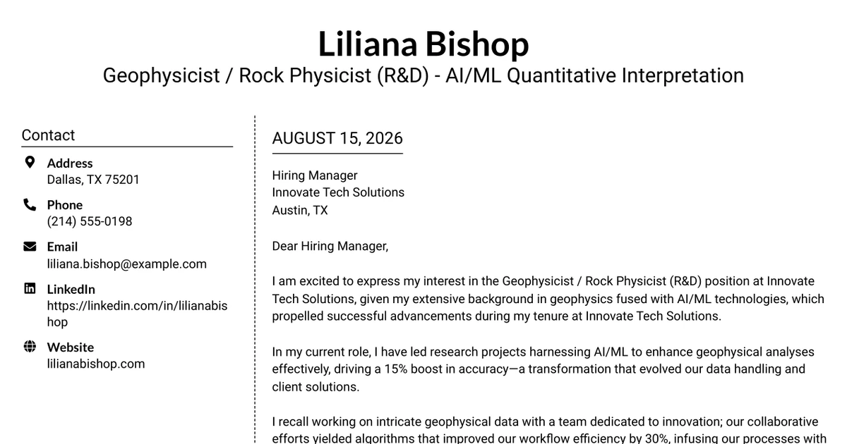 30+ Geophysicist / Rock Physicist (R&D) - AI/ML Quantitative Interpretation Cover Letter Templates with Example 2026