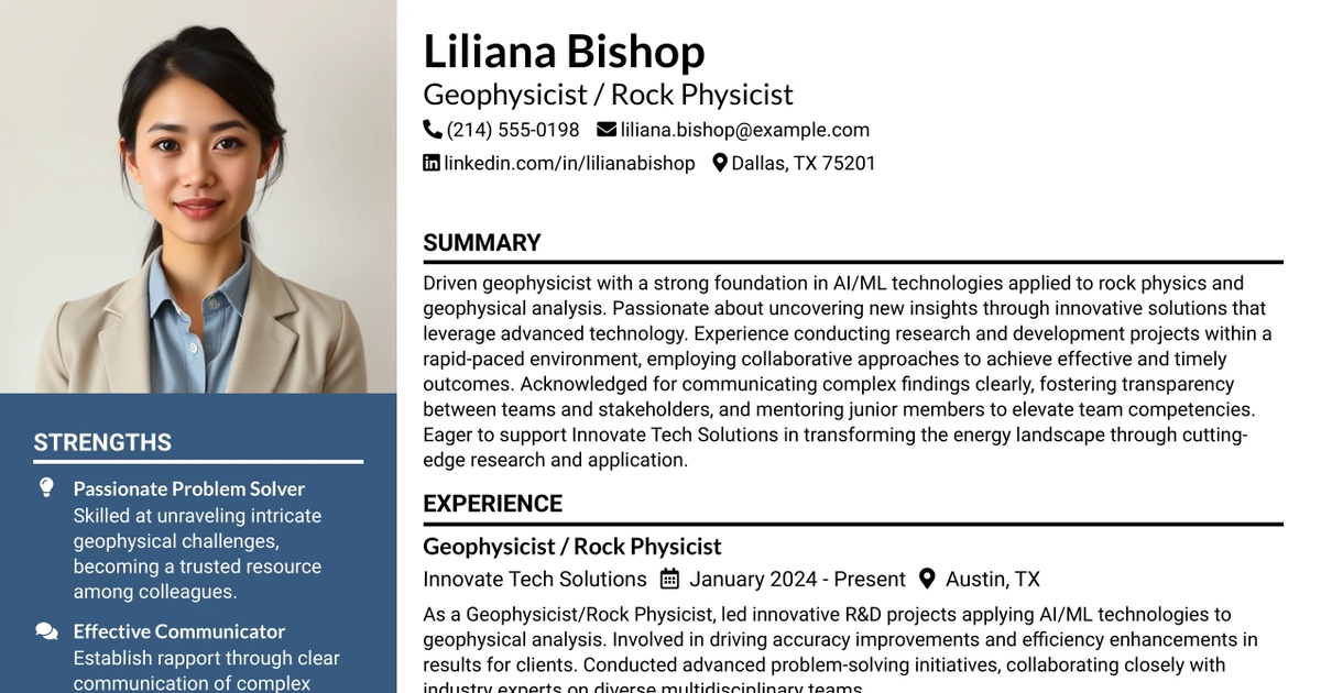 33 Geophysicist / Rock Physicist (R&D) - AI/ML Quantitative Interpretation Resume Templates with Example 2026