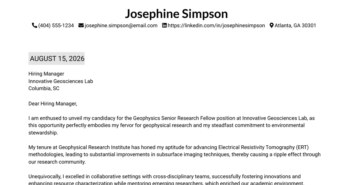 30+ Geophysics Senior Research Fellow Cover Letter Templates with Example 2026