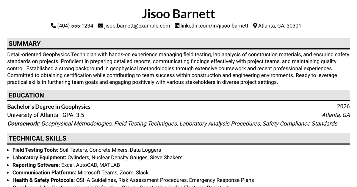 33 Geophysics Technician I Resume Templates with Example 2026 (ATS-Optimized)