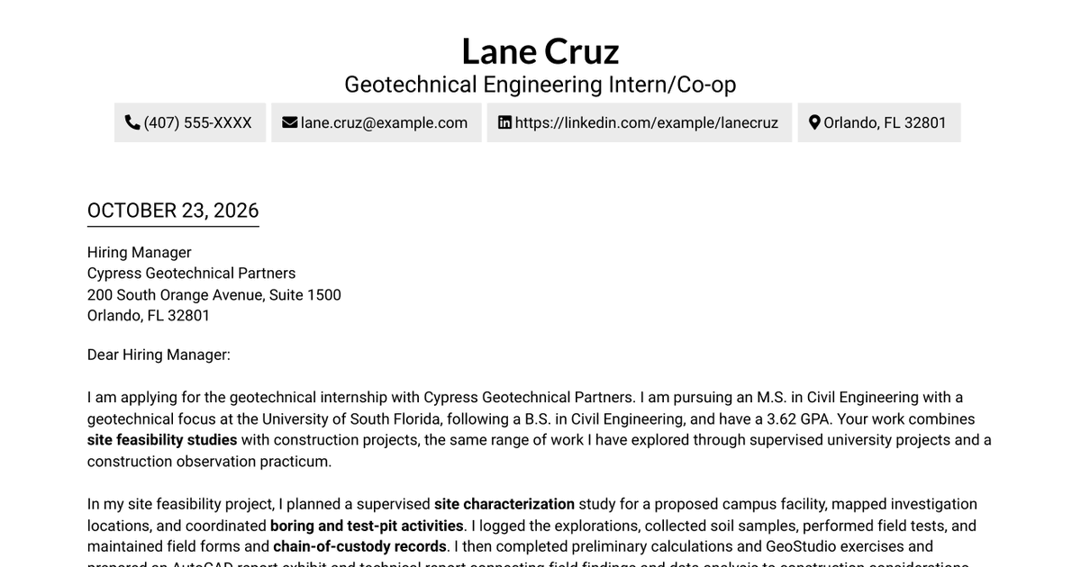 7 Geotechnical Engineering Intern/Co-op Cover Letter Templates with Example