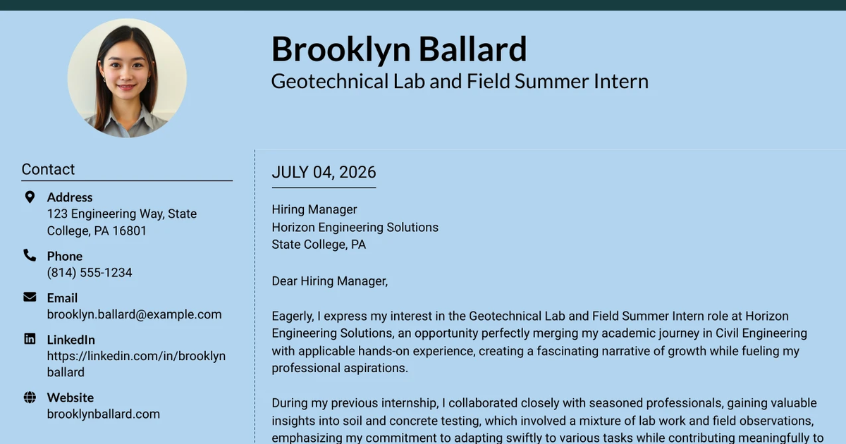 30+ Geotechnical Lab and Field Summer Intern Cover Letter Templates with Example 2026