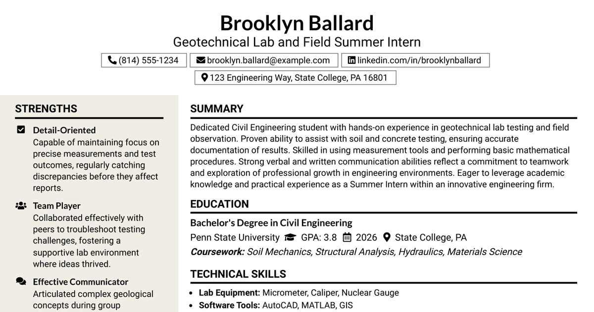 33 Geotechnical Lab and Field Summer Intern Resume Templates with Example 2026 (ATS-Optimized)