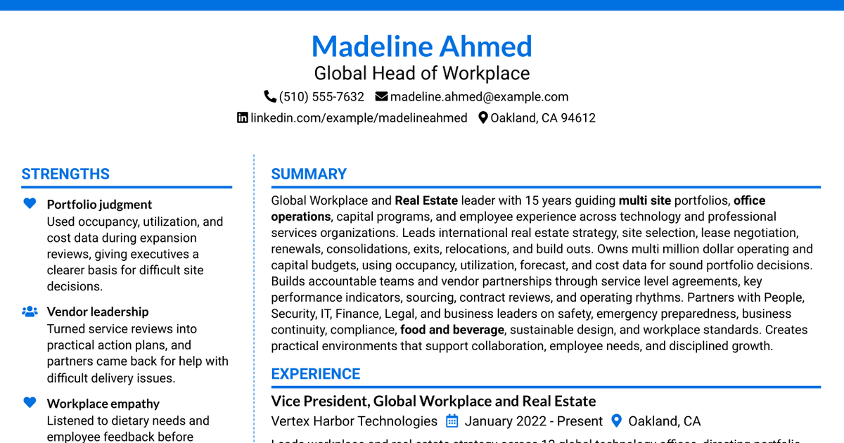 7 Global Head of Workplace Resume Templates with Example
