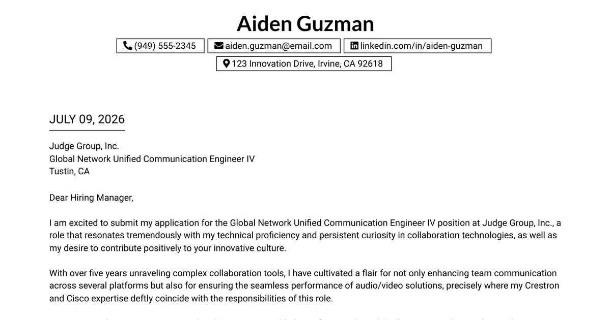 30+ Global Network Unified Communication Engineer IV Cover Letter Templates with Example 2026