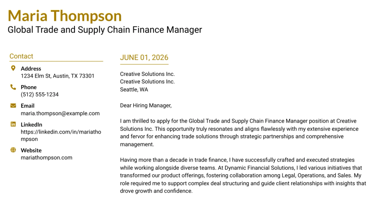 30+ Global Trade and Supply Chain Finance Manager Cover Letter Templates with Example 2026