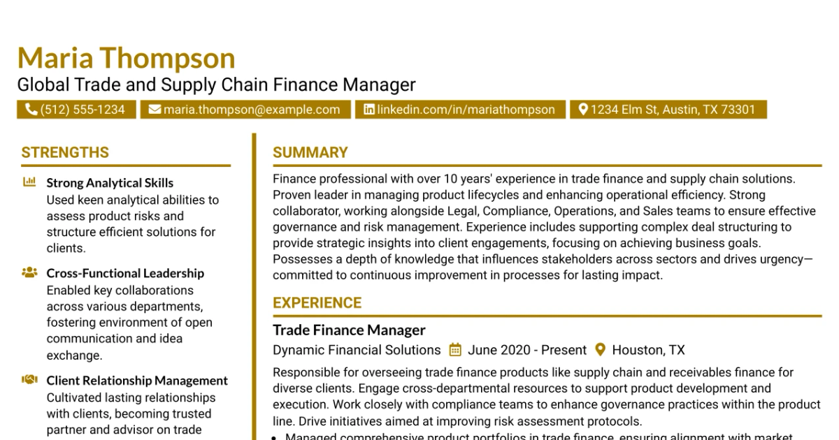 33 Global Trade and Supply Chain Finance Manager Resume Templates with Example 2026 (ATS-Optimized)
