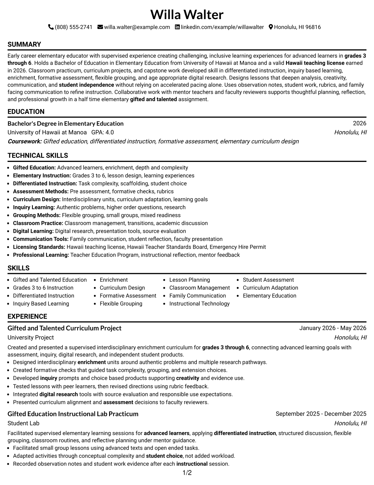Resume Example Page 1
