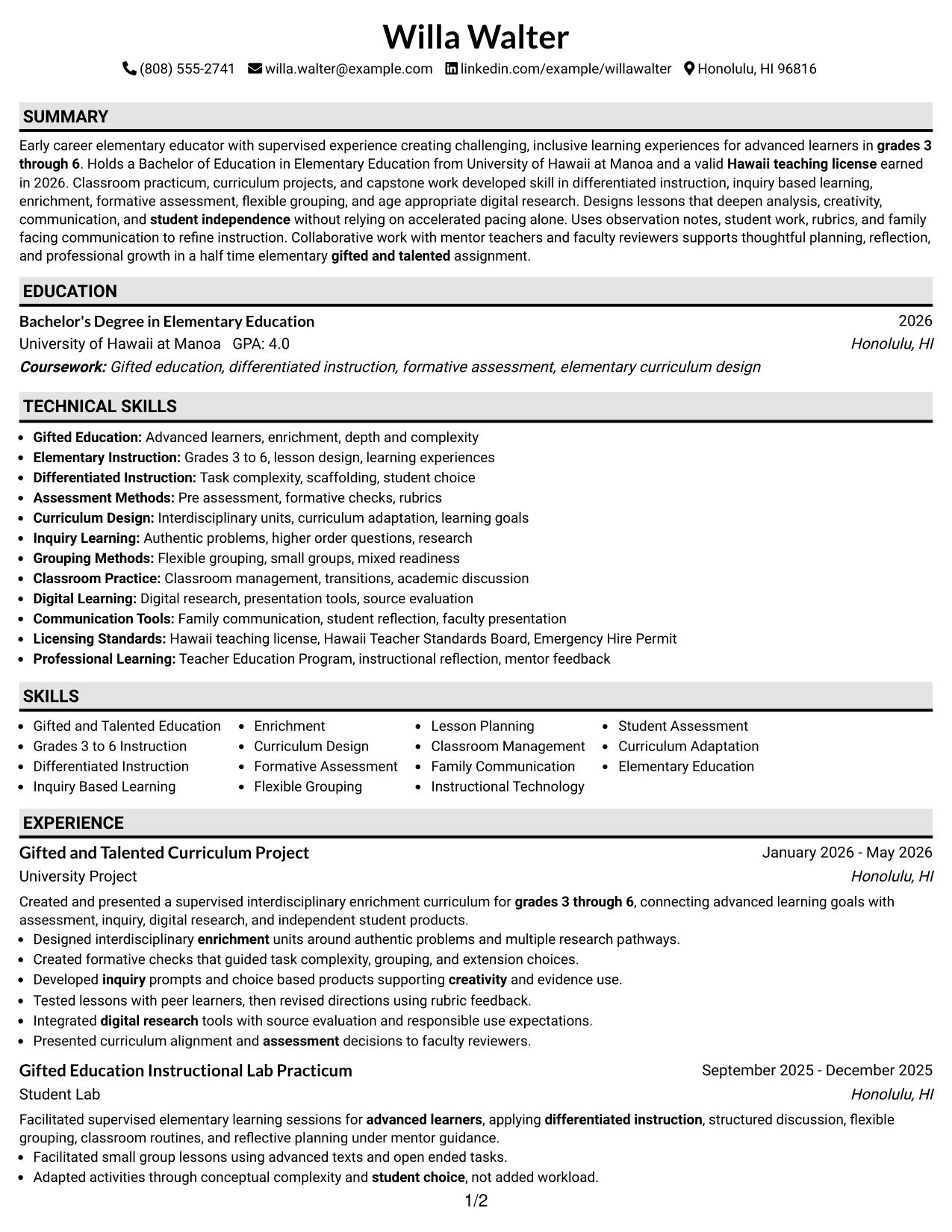 Resume Example Page 1