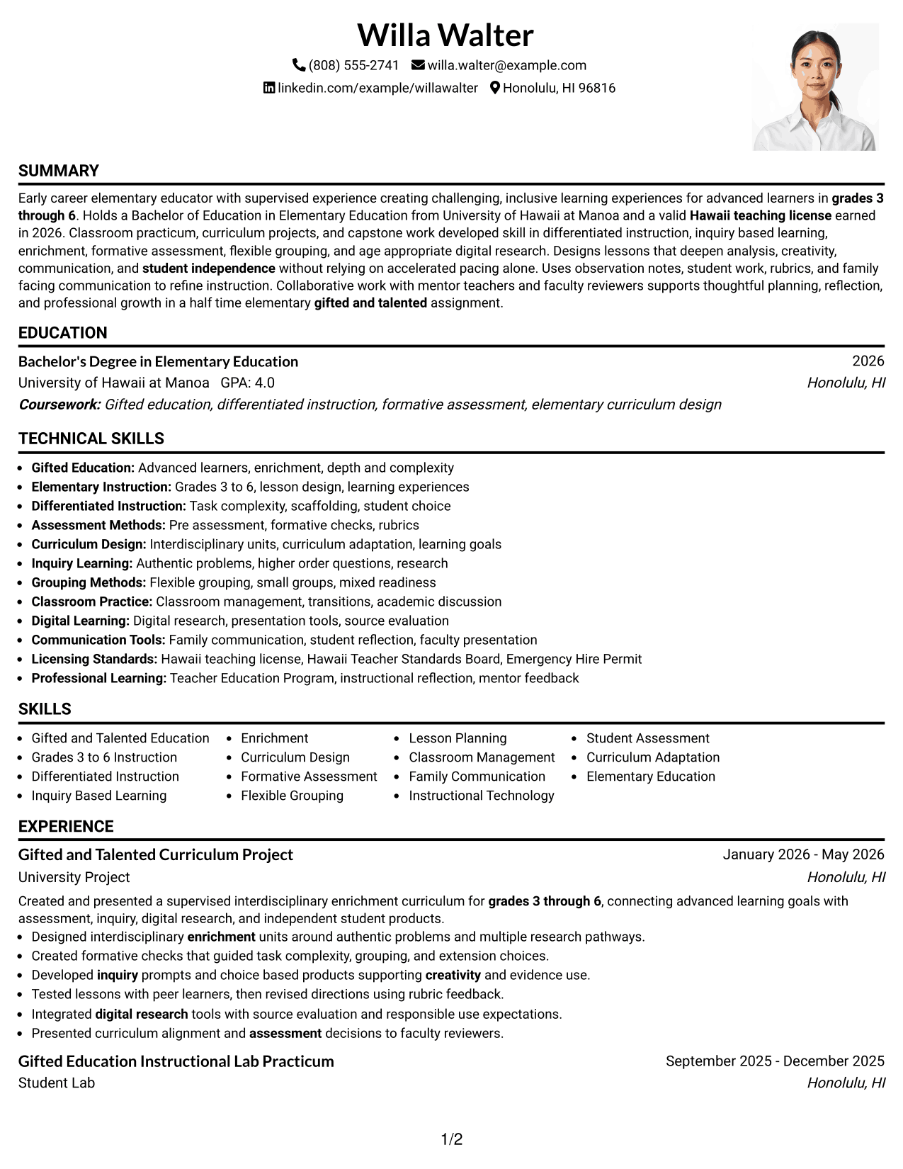 Resume Example Page 1