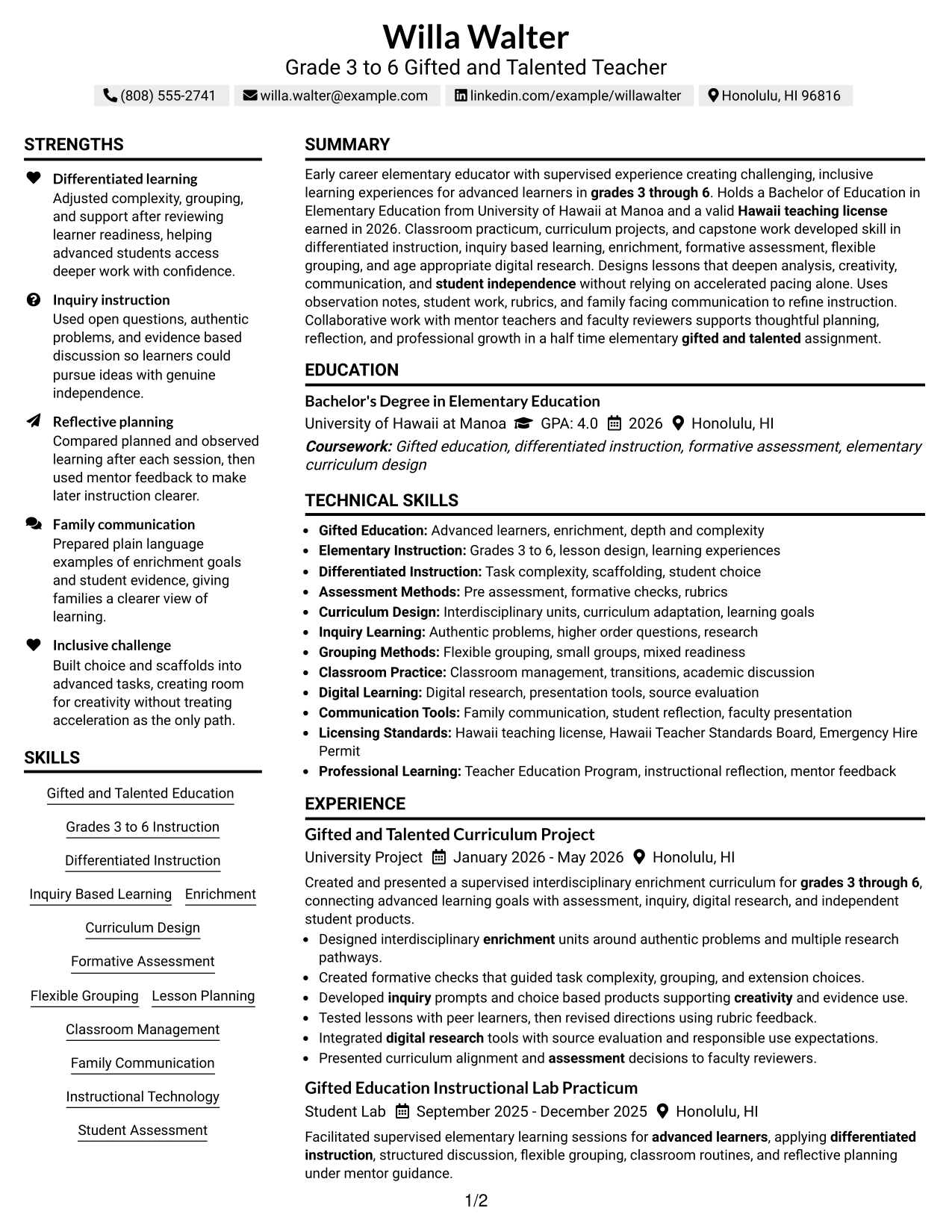 Resume Example Page 1