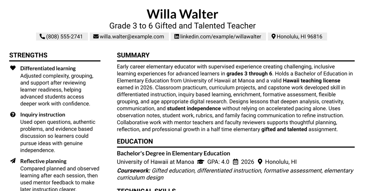 7 Grade 3-6 Gifted & Talented Teacher Resume Templates with Example