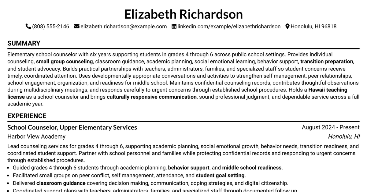 7 Grade 4-6 School Counselor Resume Templates with Example