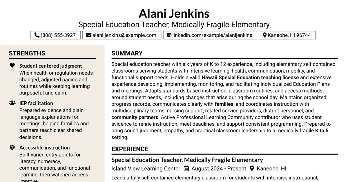 7 Grade K-5 Special Education Medically Fragile Teacher Resume Templates with Example