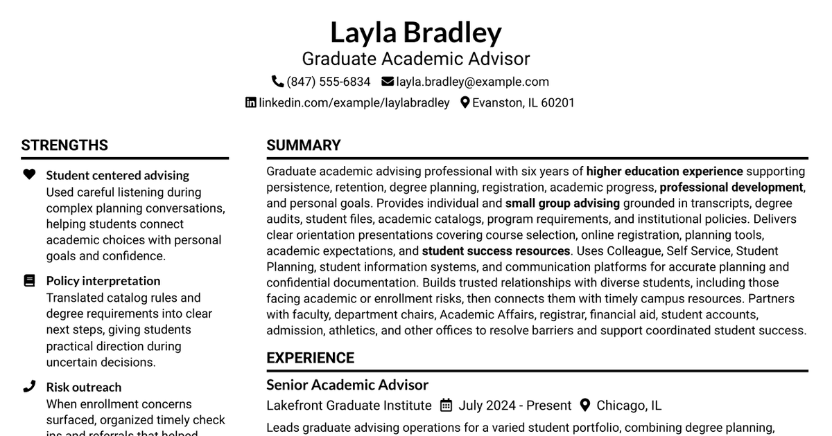 7 Graduate Academic Advisor Resume Templates with Example