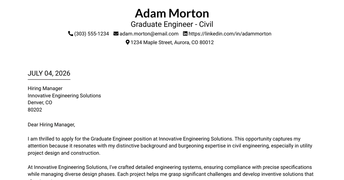 30+ Graduate Engineer - Civil Cover Letter Templates with Example 2026