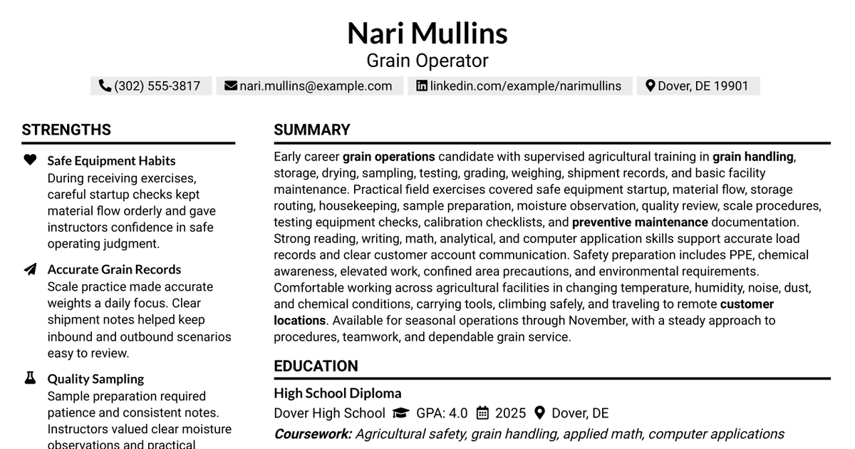 7 Grain Operator Resume Templates with Example
