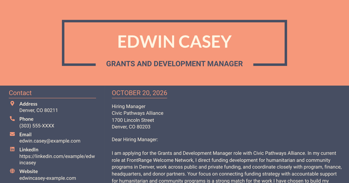 7 Grants and Development Manager - Humanitarian Services Cover Letter Templates with Example