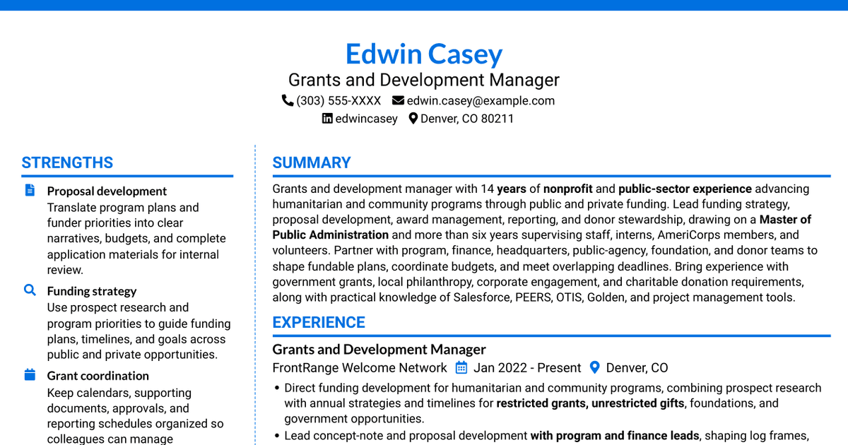 7 Grants and Development Manager - Humanitarian Services Resume Templates with Example