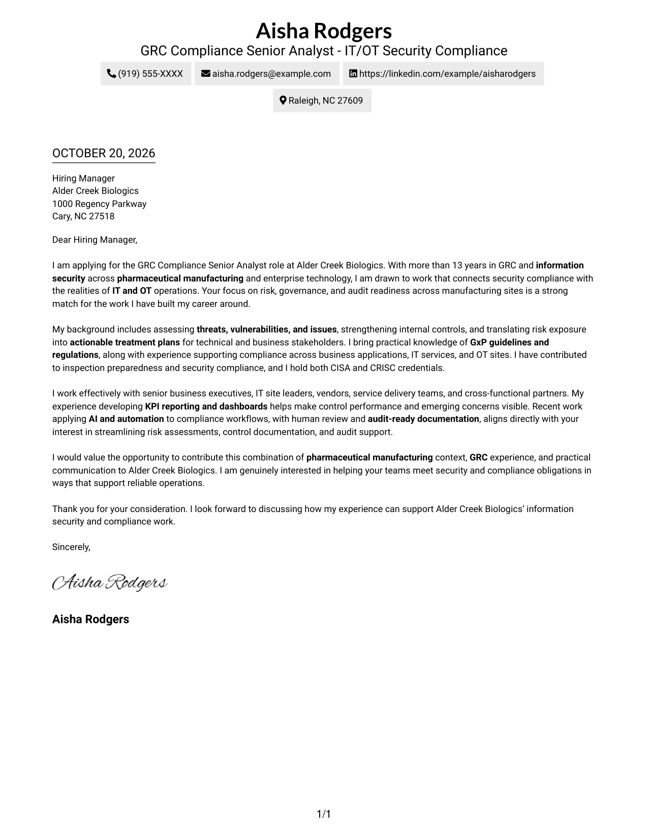 Cover letter example — page 1