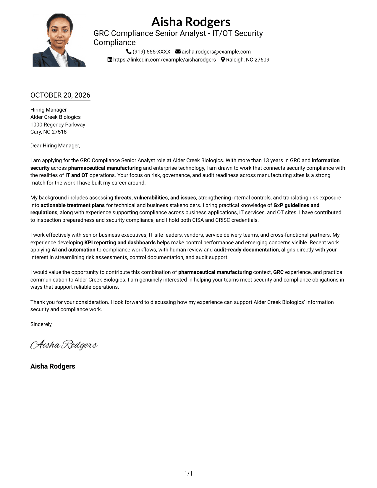Cover letter example — page 1