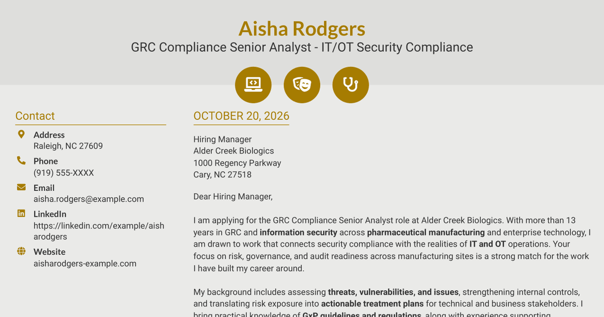 7 GRC Compliance Senior Analyst - IT/OT Security Compliance Cover Letter Templates with Example