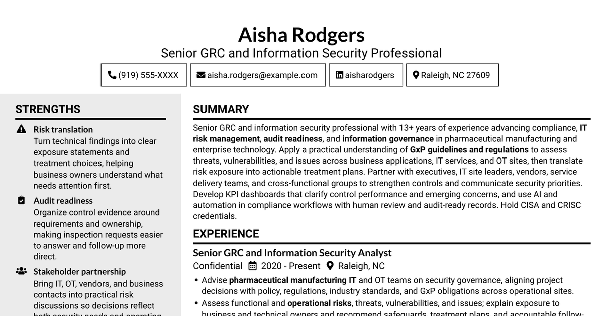 7 GRC Compliance Senior Analyst - IT/OT Security Compliance Resume Templates with Example