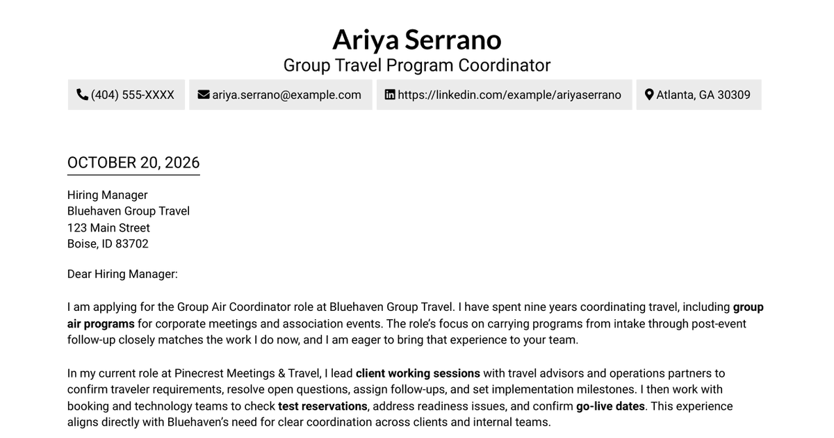 7 Group Air Coordinator - Meetings and Events Travel Cover Letter Templates with Example