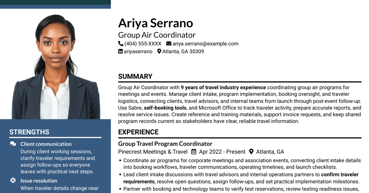 7 Group Air Coordinator - Meetings and Events Travel Resume Templates with Example