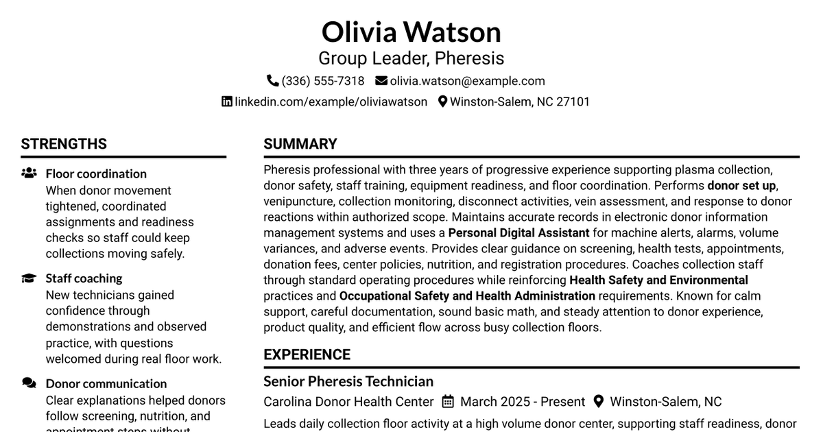 7 Group Leader - Pheresis Resume Templates with Example